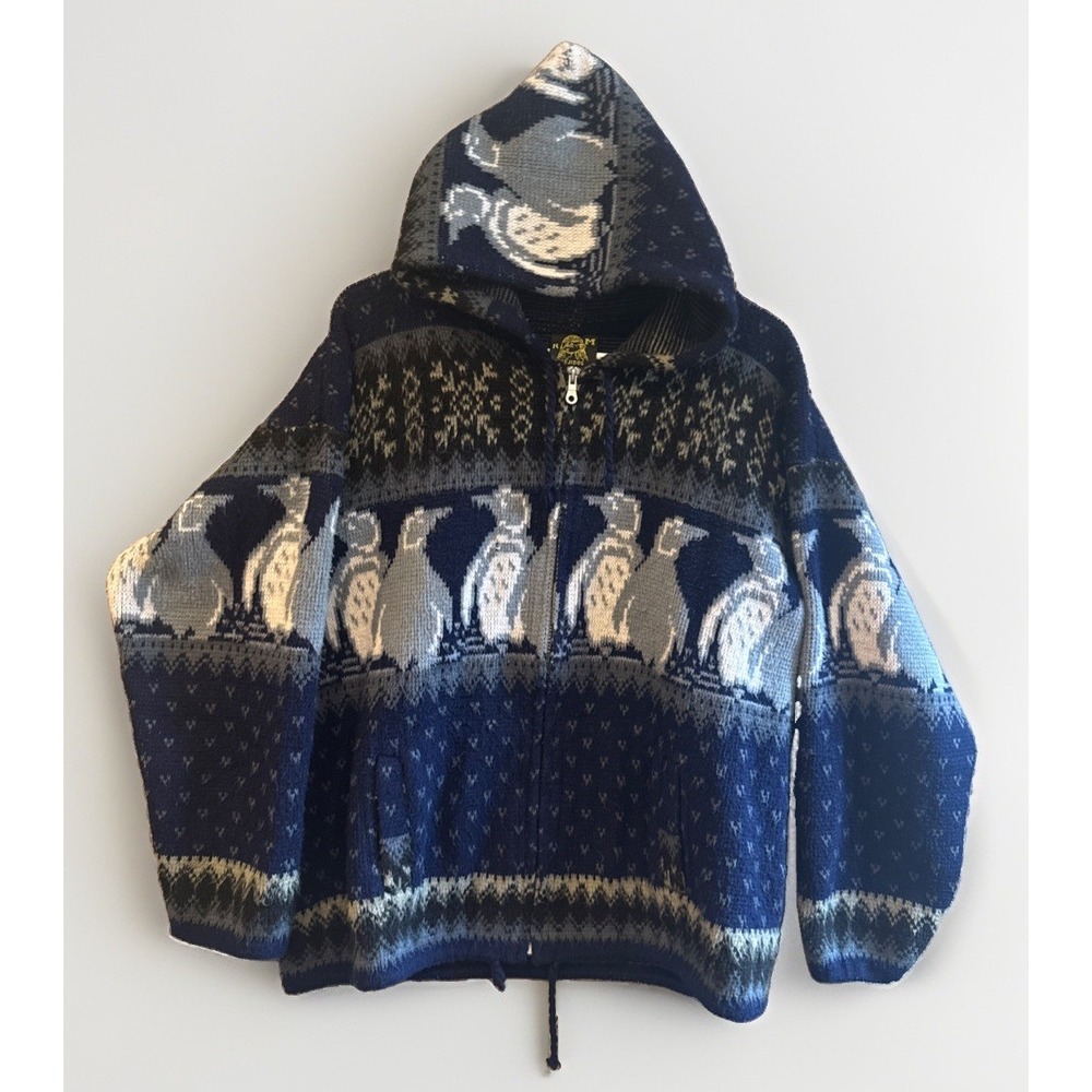 Tejidos Ruminahui VTG Full Zip Hooded Penguin Sweater Size Large Pockets
